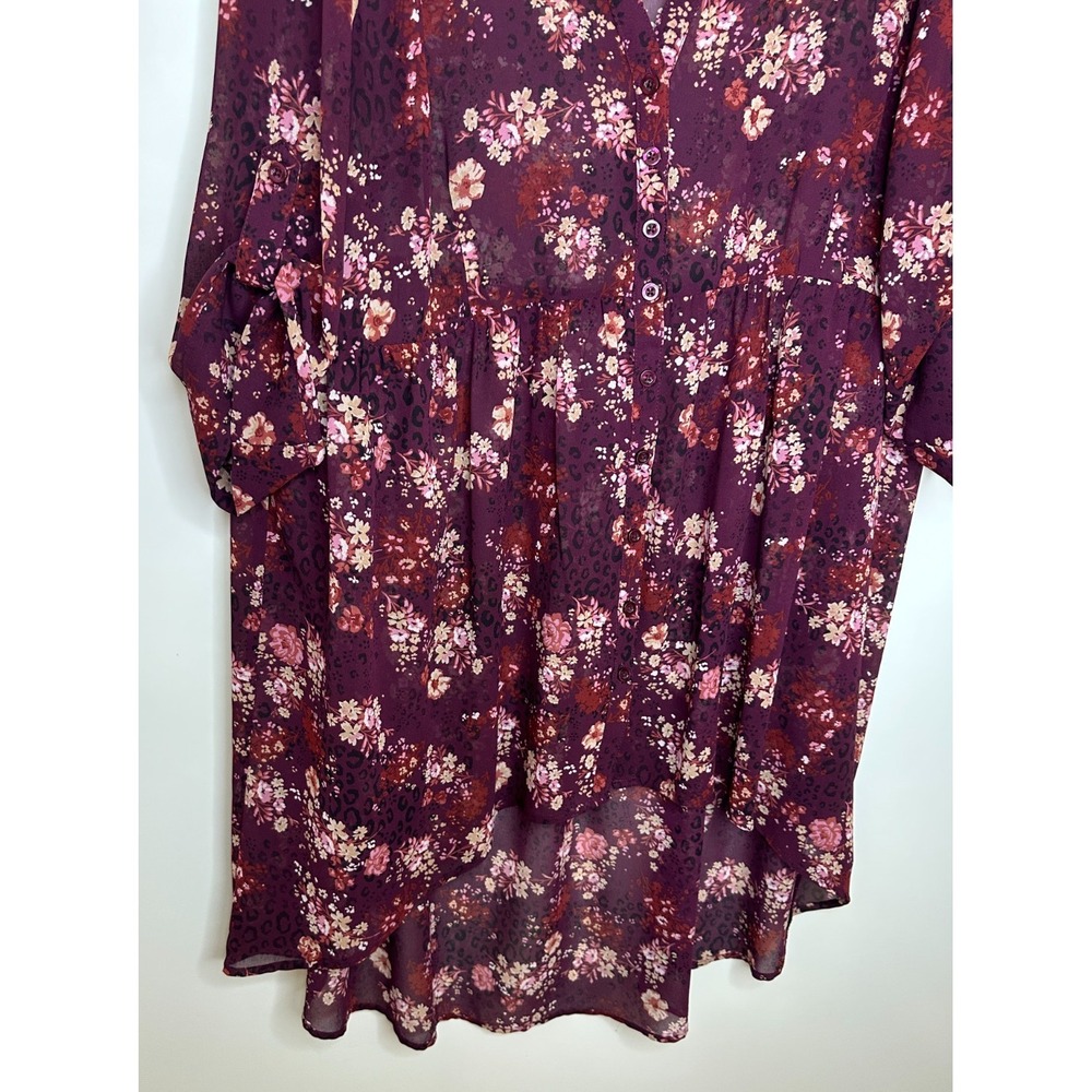 Torrid Burgundy Floral Sheer Chiffon Hi-Lo Babydoll Tunic Top Plus Size 2 2X - Picture 4 of 11